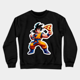 Goku striking a heroic pose with a pizza Crewneck Sweatshirt